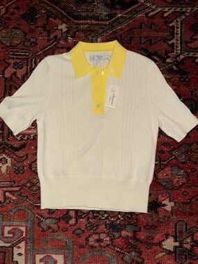 Berckmans exclusive White Short Sleeve Knit Polo with Yellow Collar
